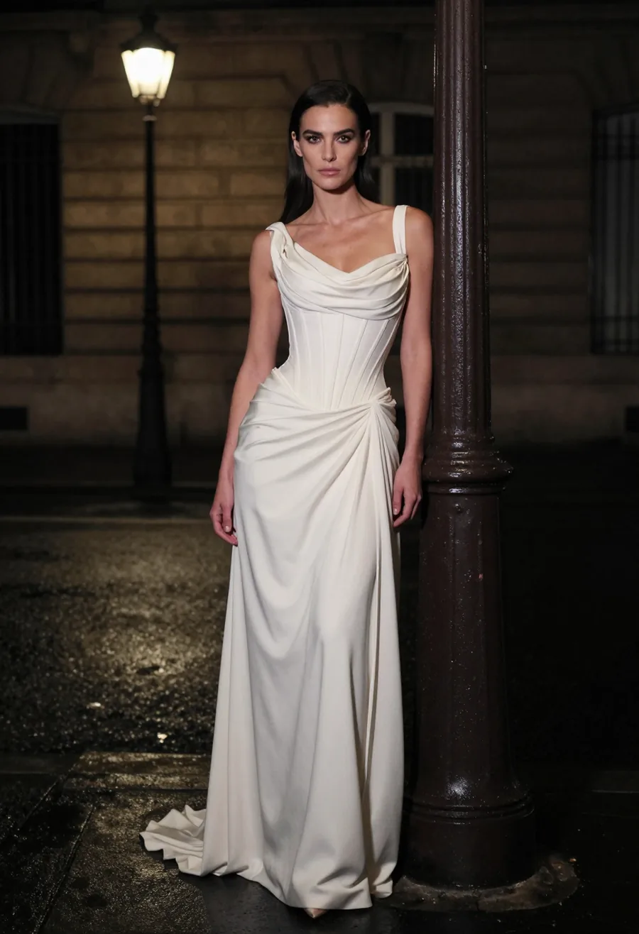 Afterlight Gown — Engineered corset, released skirt, photographed at night.