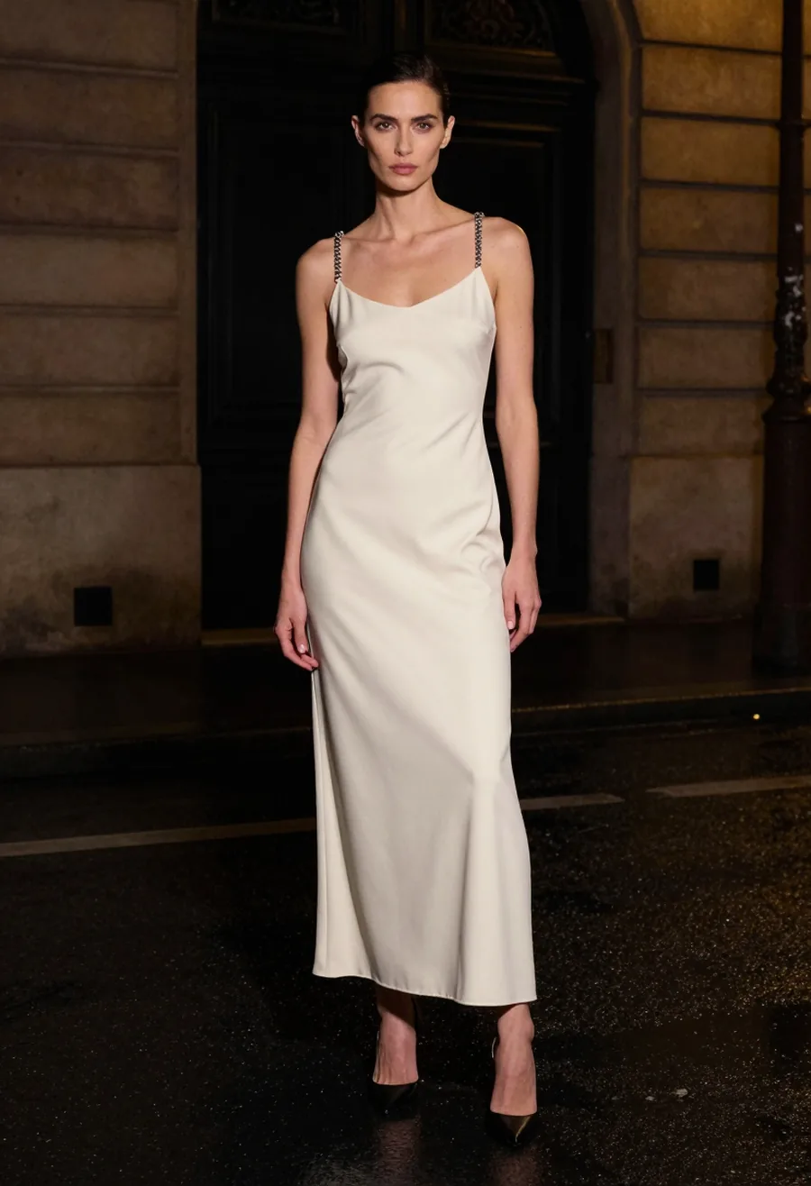 A model facing the camera, wearing a floor-length bone ivory bias-cut slip gown with thin chrome chain straps, on a wet Paris street at night.