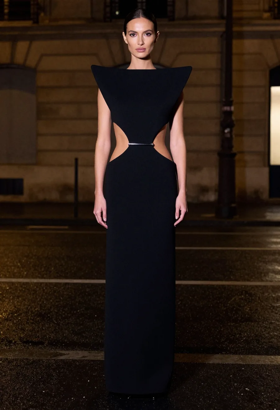 Catalogue-style front view of a model wearing the Nocturne Dress column gown with a chrome waist bar, evenly lit.