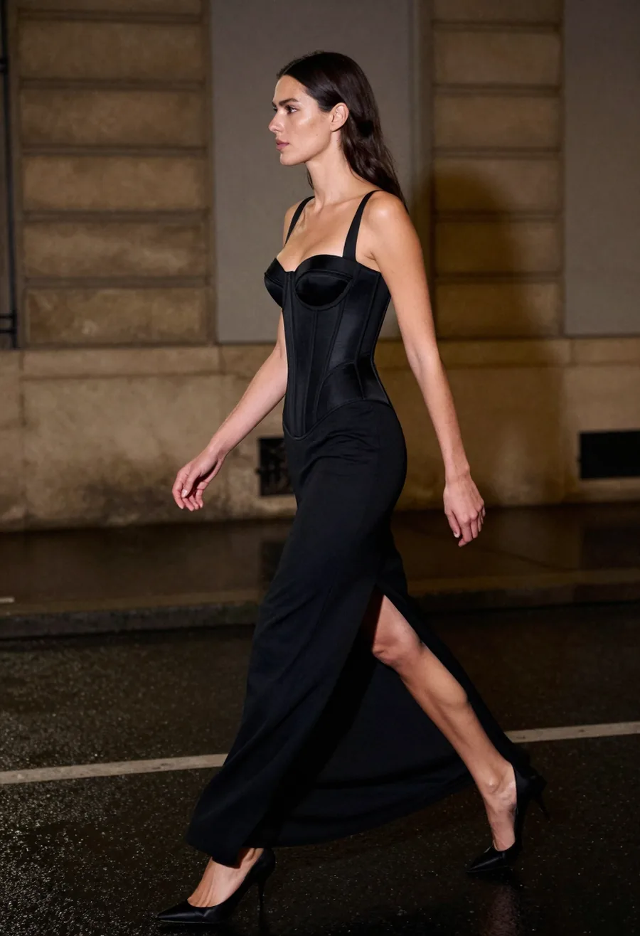 A model in profile, mid-stride, wearing the Obsidian Corset Dress with exposed boning and a high slit, on a wet Paris street at night.