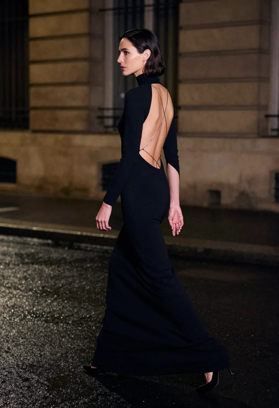 A model in profile, mid-stride, wearing the Vertèbre Gown, fully open back with chrome spine straps, on a wet Paris street at night.