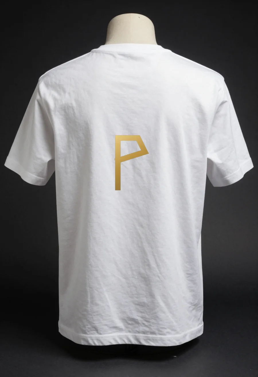 Studio product shot, back view, of a white heavyweight cotton t-shirt with an oversized gold P emblem across the back, on a dark ground.