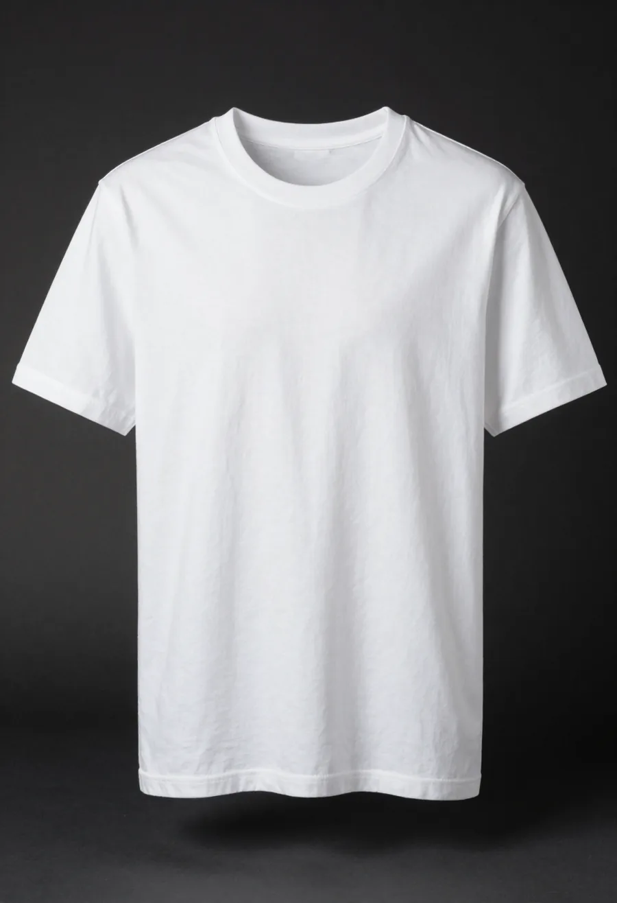 Studio product shot, front view, of a white heavyweight cotton t-shirt with an oversized gold P emblem across the back, on a dark ground.