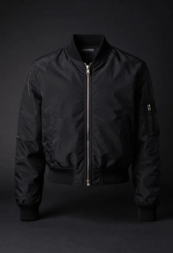 Studio product shot, front view, of a cropped matte black bomber jacket with polished P-formed hardware, on a dark ground.