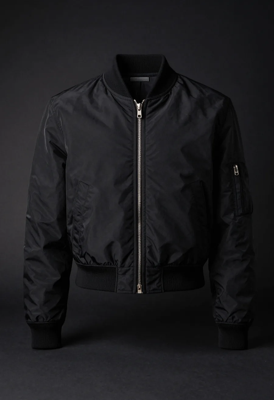 Studio product shot, front view, of a cropped matte black bomber jacket with polished P-formed hardware, on a dark ground.