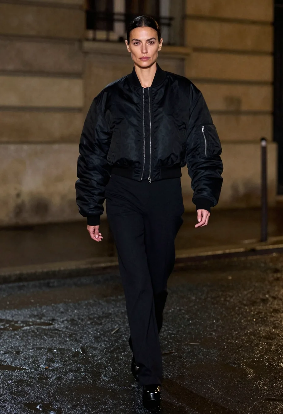 A model wearing a cropped matte black bomber jacket with polished P-formed hardware on a wet Paris street at night.