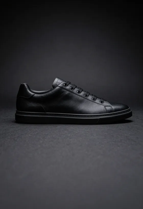 Studio product shot, side profile, of a black leather low-top sneaker with a tonal P monogram quarter panel, on a dark ground.