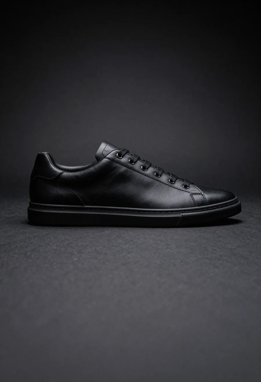Studio product shot, side profile, of a black leather low-top sneaker with a tonal P monogram quarter panel, on a dark ground.