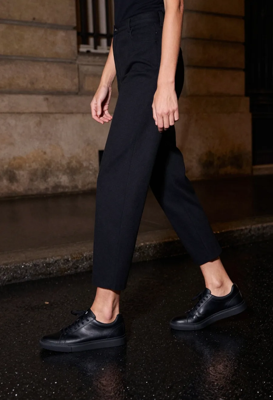 A model wearing a black leather low-top sneaker with a tonal P monogram quarter panel on a wet Paris street at night.