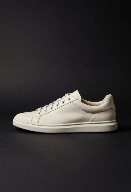Studio product shot, side profile, of a bone ivory leather low-top sneaker with a thin structured sole, on a dark ground.