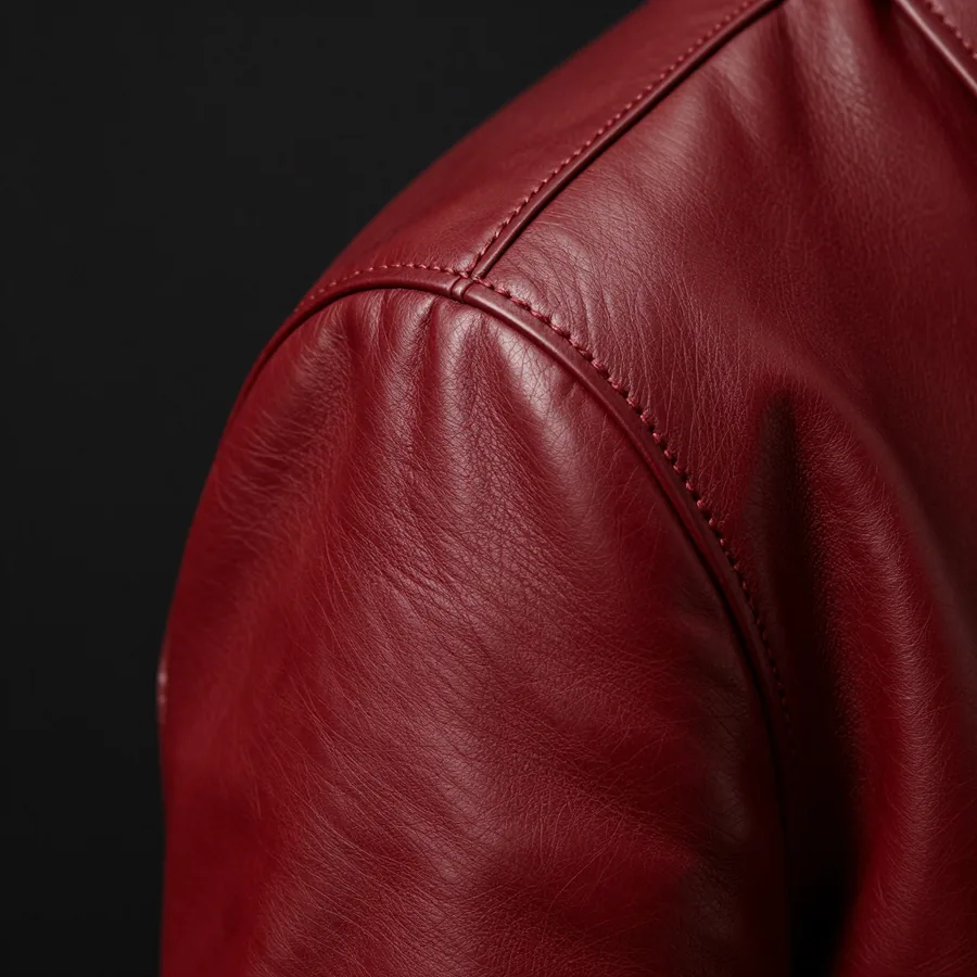 Close macro detail of the material and construction of an oxblood leather jacket with a structured shoulder and an embossed P patch.