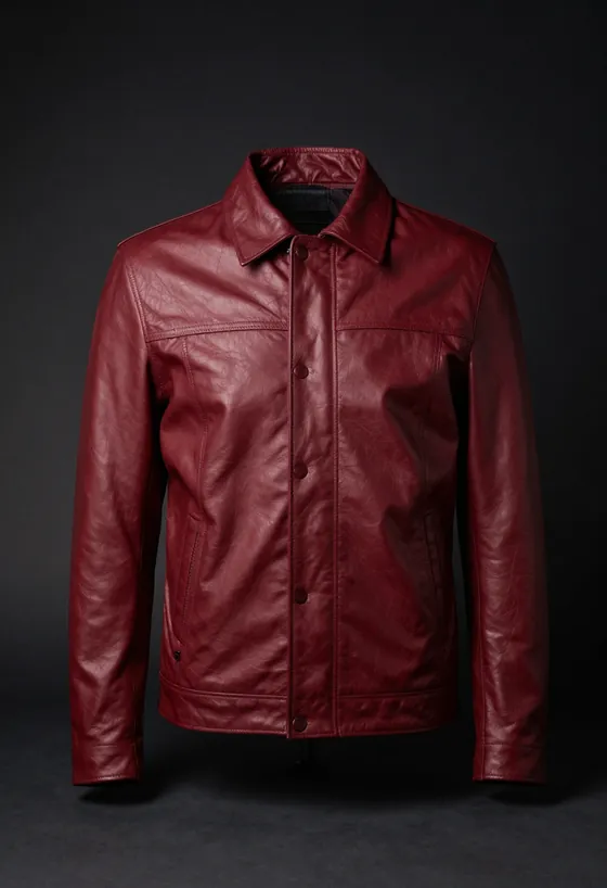 Studio product shot, front view, of an oxblood leather jacket with a structured shoulder and an embossed P patch, on a dark ground.
