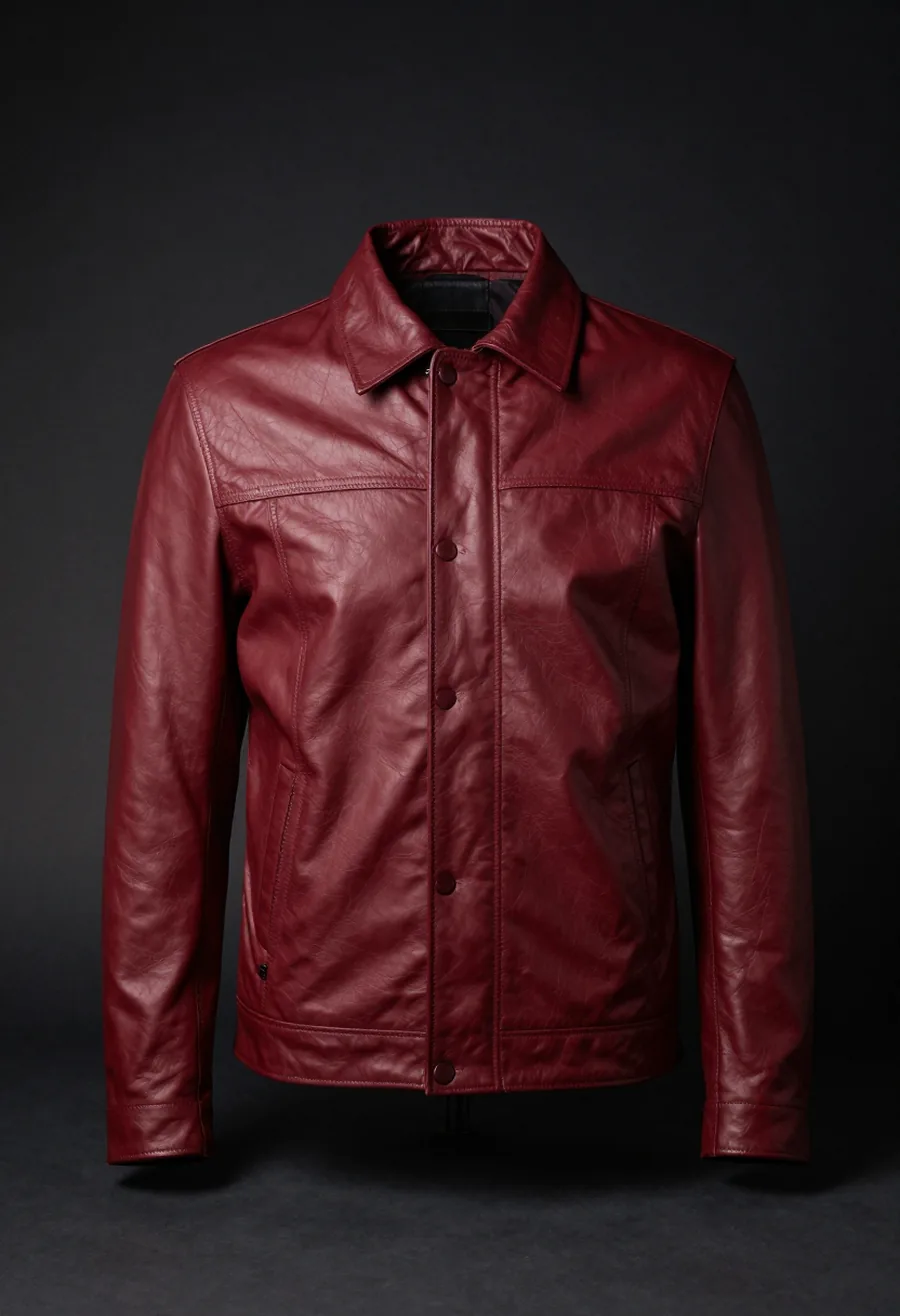 Studio product shot, front view, of an oxblood leather jacket with a structured shoulder and an embossed P patch, on a dark ground.