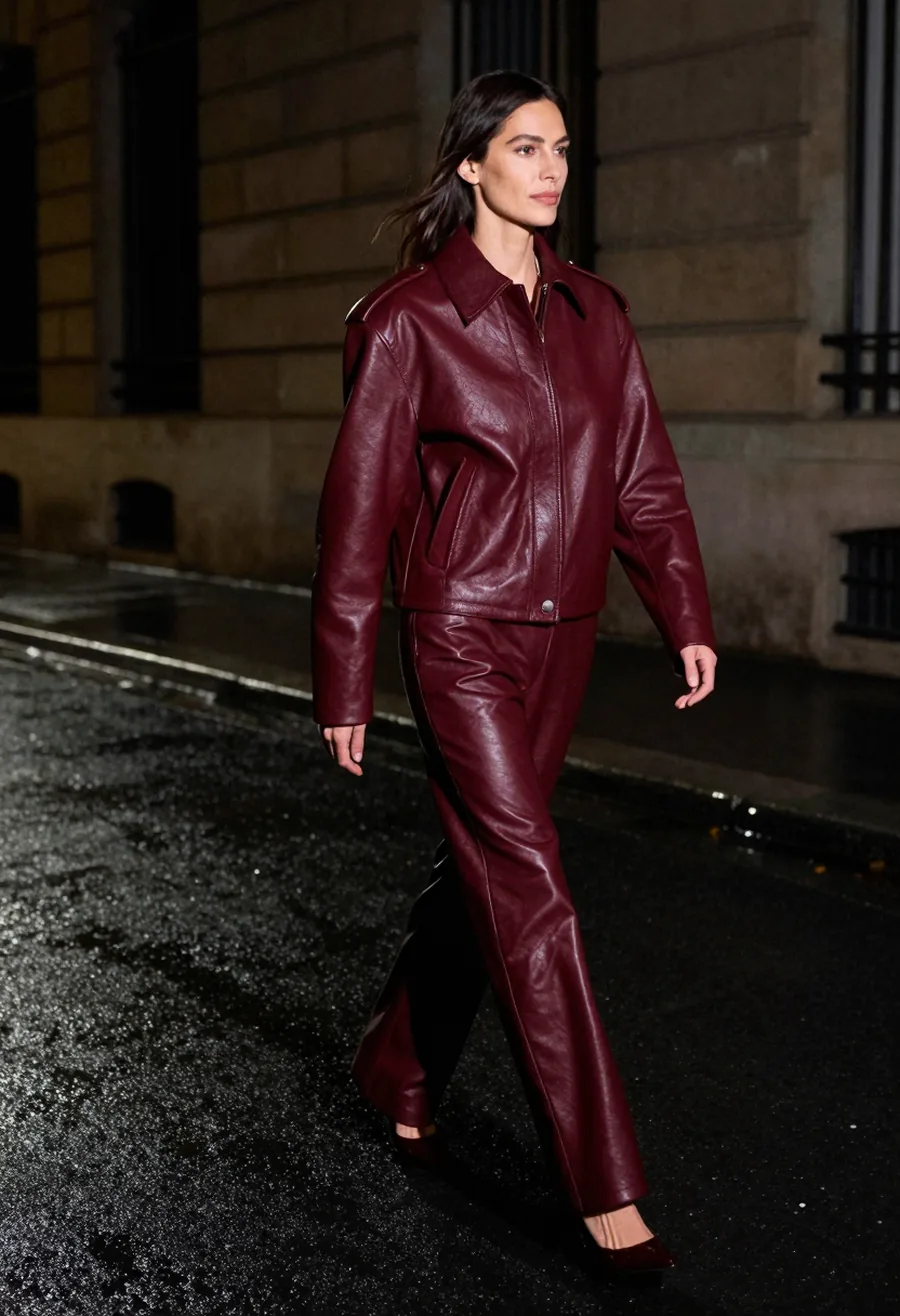 A model wearing an oxblood leather jacket with a structured shoulder and an embossed P patch on a wet Paris street at night.