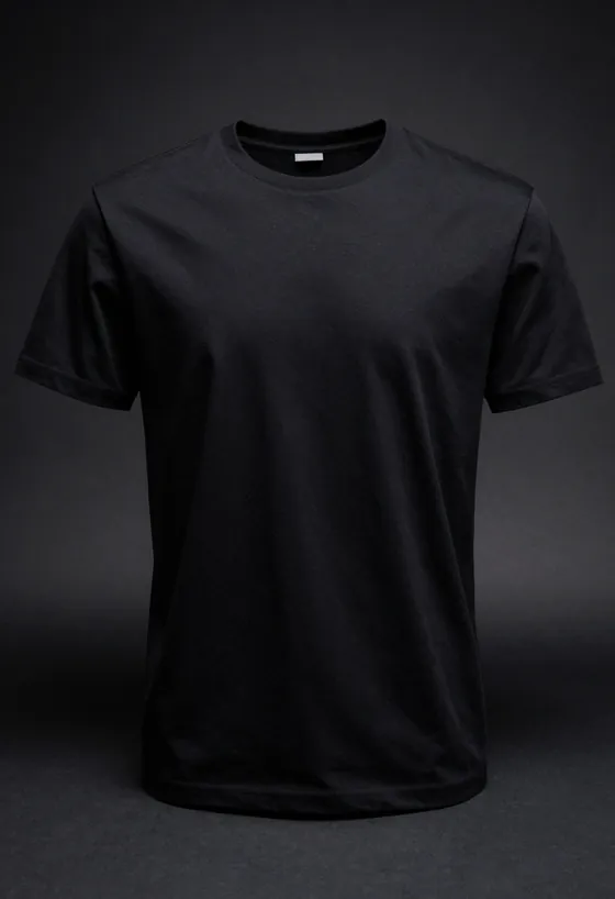 Studio product shot, front view, of a black heavyweight cotton t-shirt with a tonal black-on-black P monogram surface, on a dark ground.