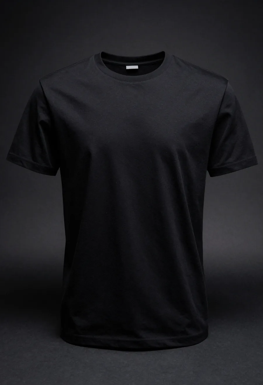 Studio product shot, front view, of a black heavyweight cotton t-shirt with a tonal black-on-black P monogram surface, on a dark ground.