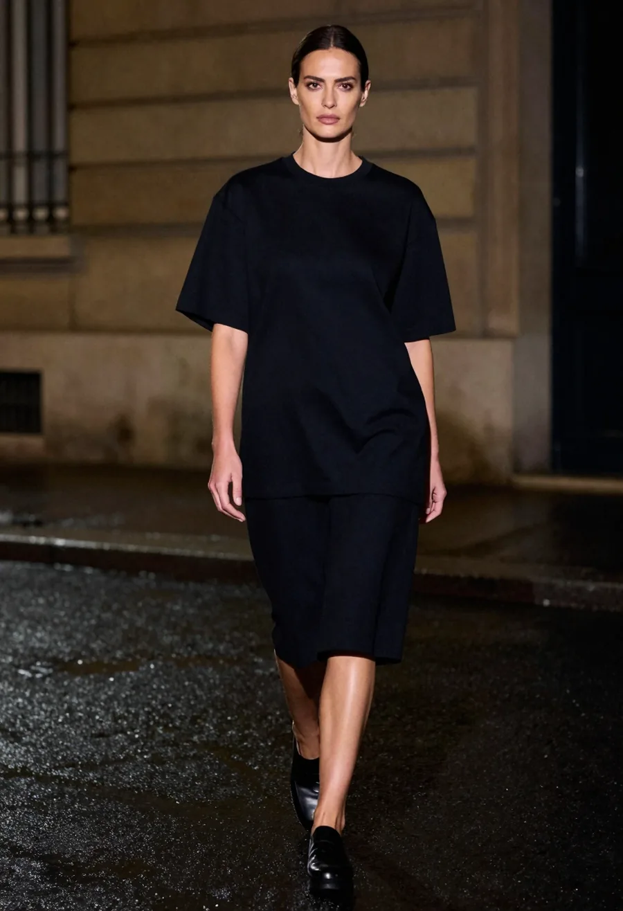 A model wearing a black heavyweight cotton t-shirt with a tonal black-on-black P monogram surface on a wet Paris street at night.