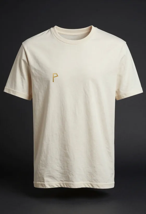 Studio product shot, front view, of a heavyweight bone ivory cotton t-shirt with a small gold P emblem at the chest, on a dark ground.