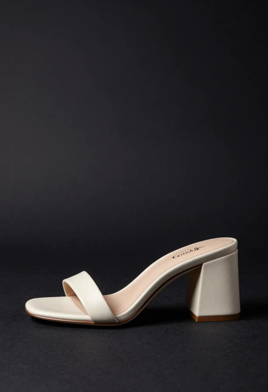 Studio product shot, side profile, of a bone ivory leather sandal on a sculptural angular block heel, on a dark ground.
