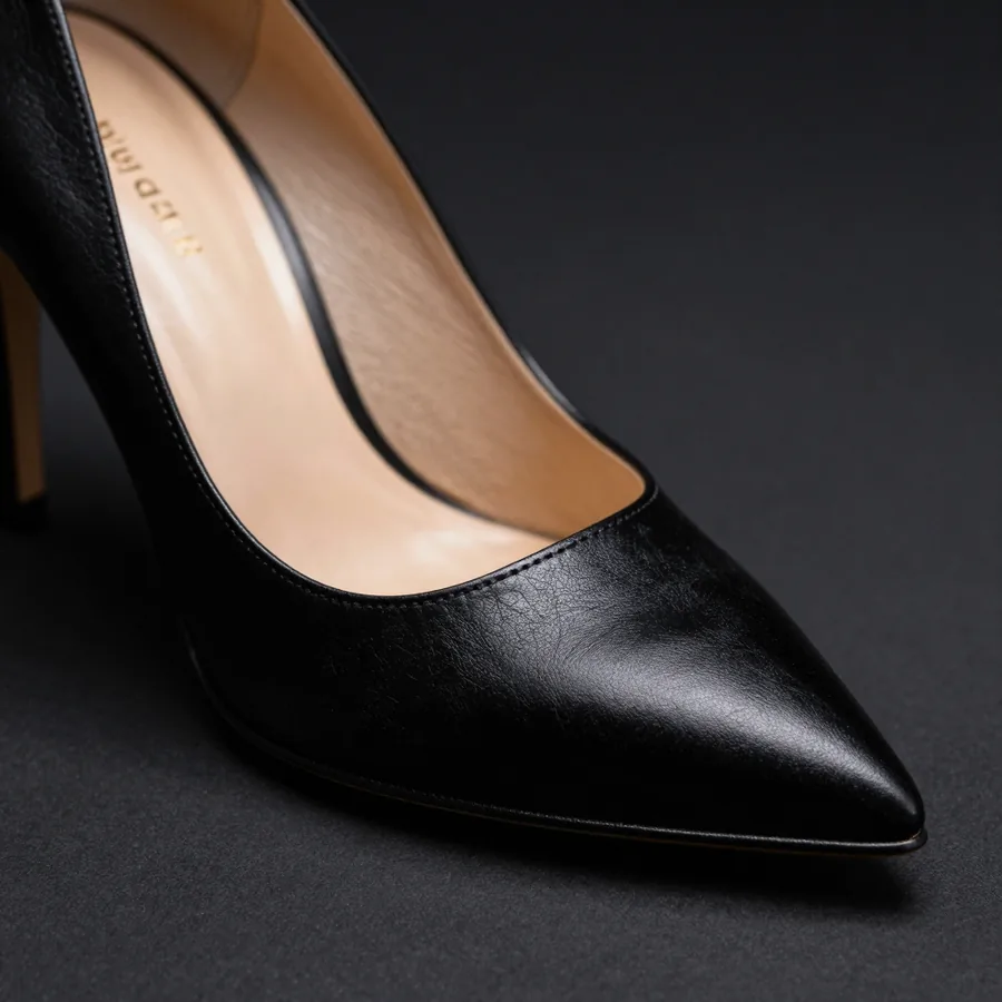 Close macro detail of the material and construction of a black leather stiletto heel with a gold P accent at the heel seat.
