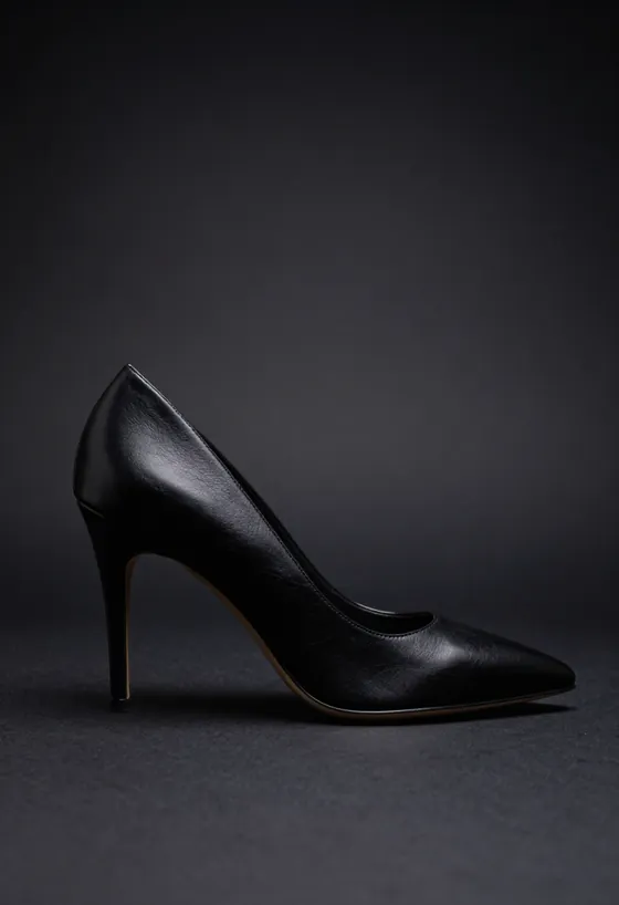 Studio product shot, side profile, of a black leather stiletto heel with a gold P accent at the heel seat, on a dark ground.
