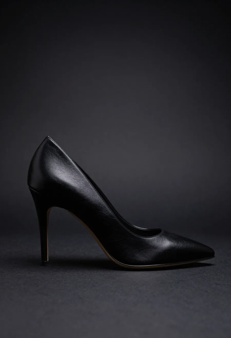 Studio product shot, side profile, of a black leather stiletto heel with a gold P accent at the heel seat, on a dark ground.