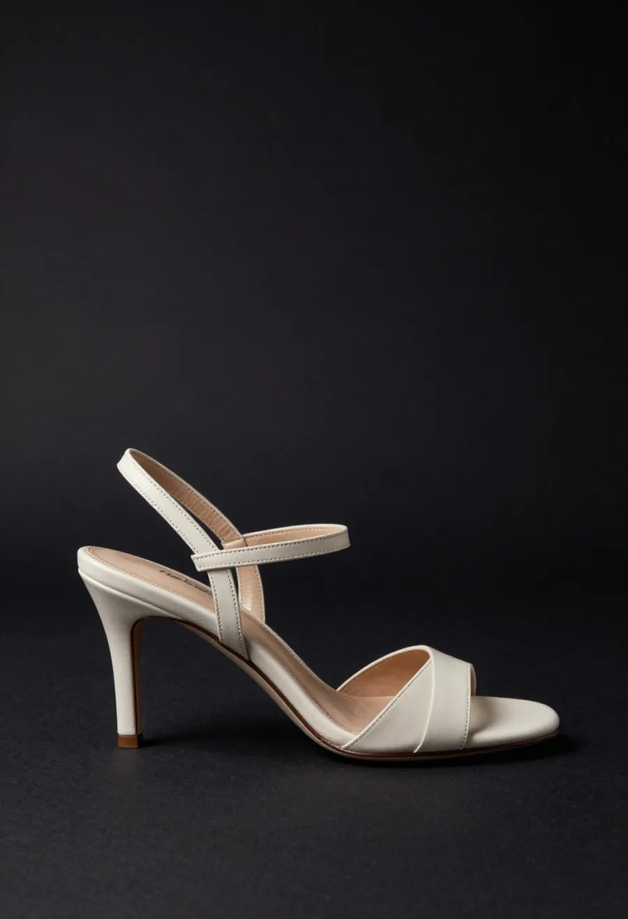 Studio product shot, side profile, of a bone ivory leather strappy heel with a discreet P at the ankle fastening, on a dark ground.