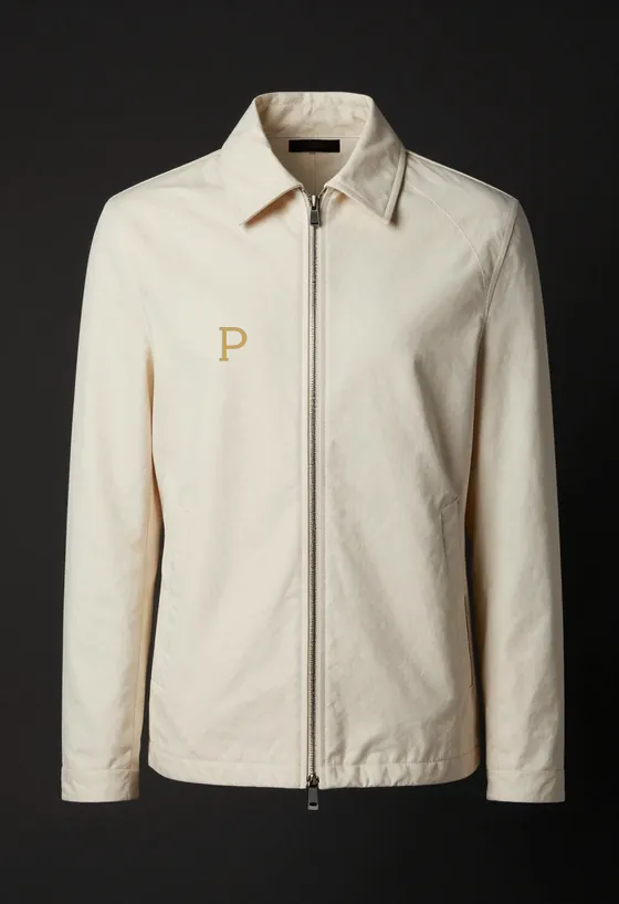 Studio product shot, front view, of a bone ivory tailored track jacket with a structured shoulder and a P emblem at the chest, on a dark ground.