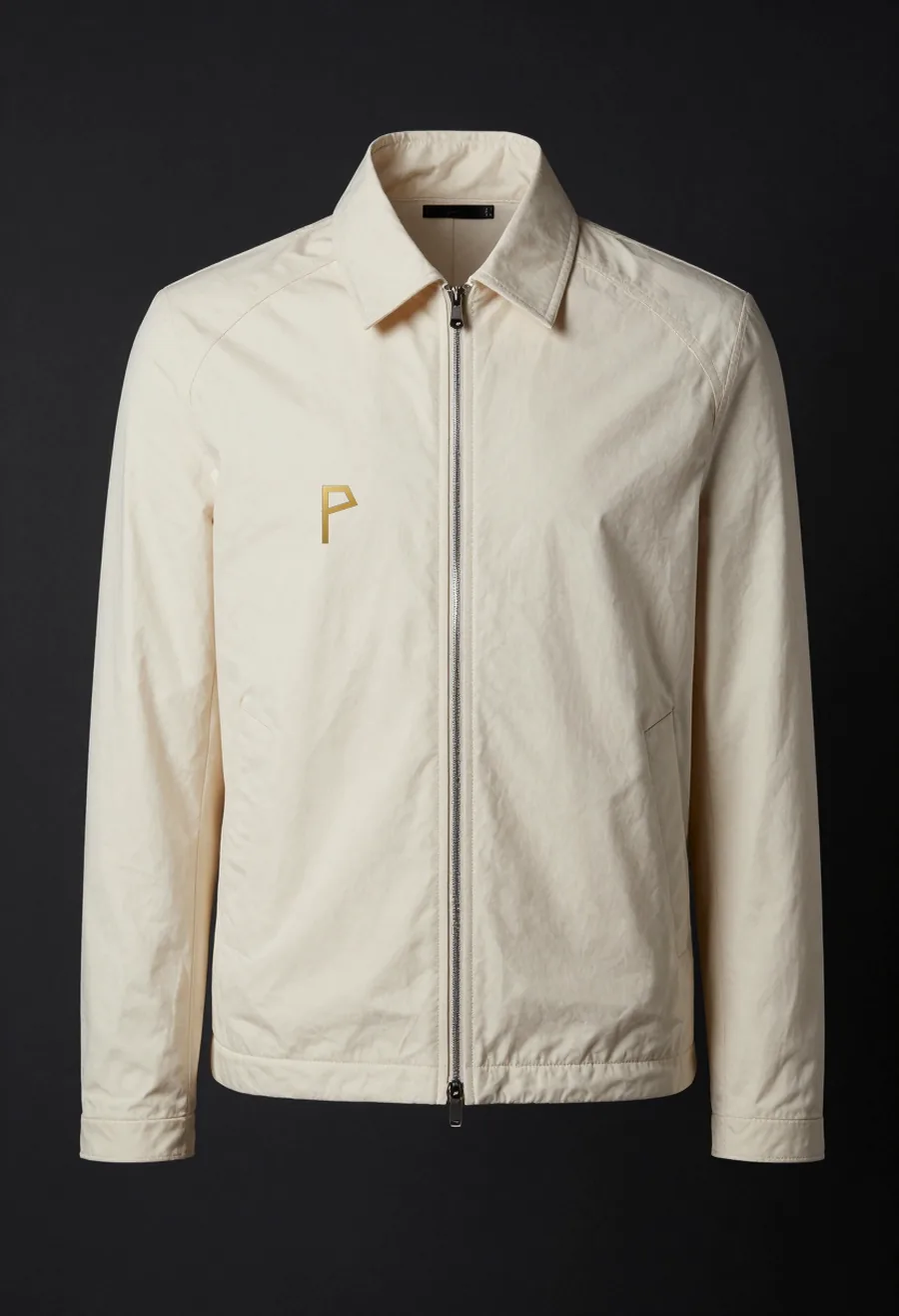 Studio product shot, front view, of a bone ivory tailored track jacket with a structured shoulder and a P emblem at the chest, on a dark ground.