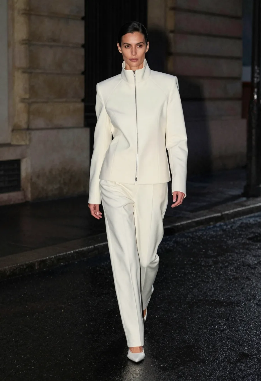 A model wearing a bone ivory tailored track jacket with a structured shoulder and a P emblem at the chest on a wet Paris street at night.