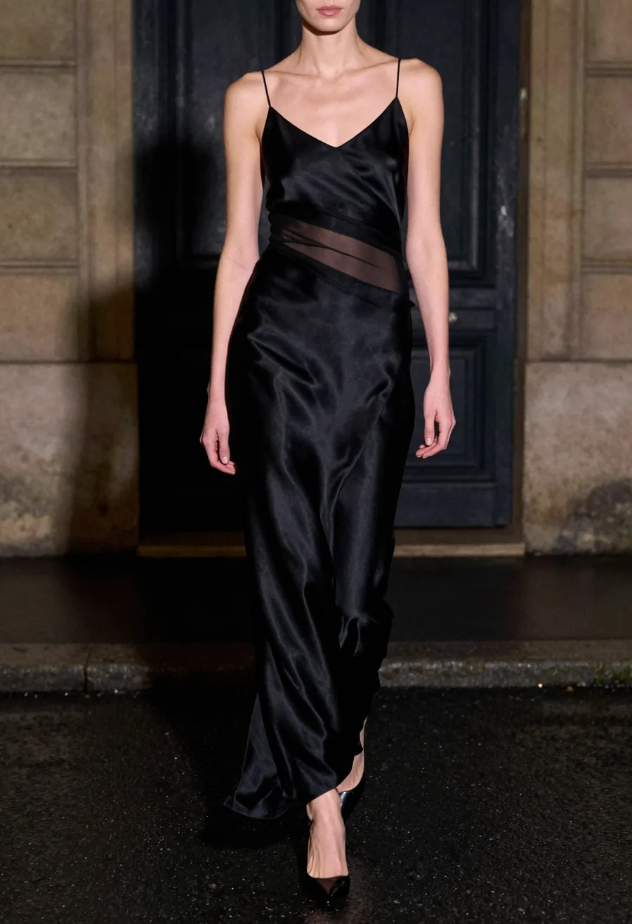 Minuit Slip — Bias satin with one sheer panel, photographed at night.