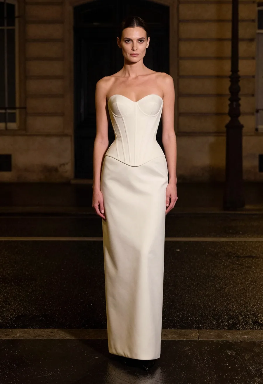 A model facing the camera, wearing a bone ivory strapless corset gown with a continuous column skirt, on a wet Paris street at night.