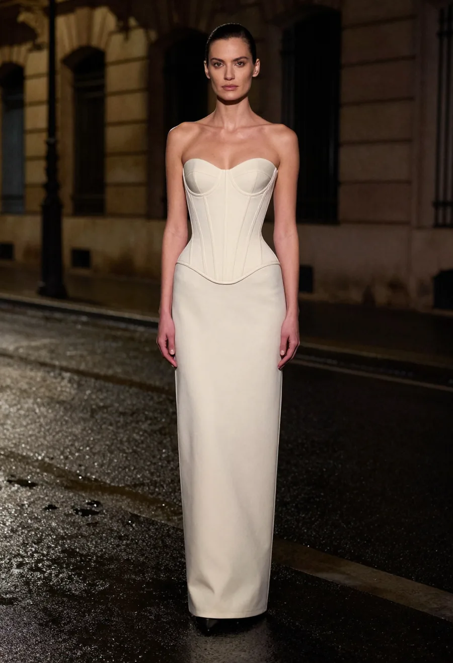 A model in profile, wearing a bone ivory strapless corset gown with a continuous column skirt, on a wet Paris street at night.