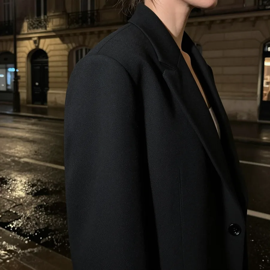 Close detail crop of the structured shoulder seam of the Nocturne Blazer Set, no face visible.