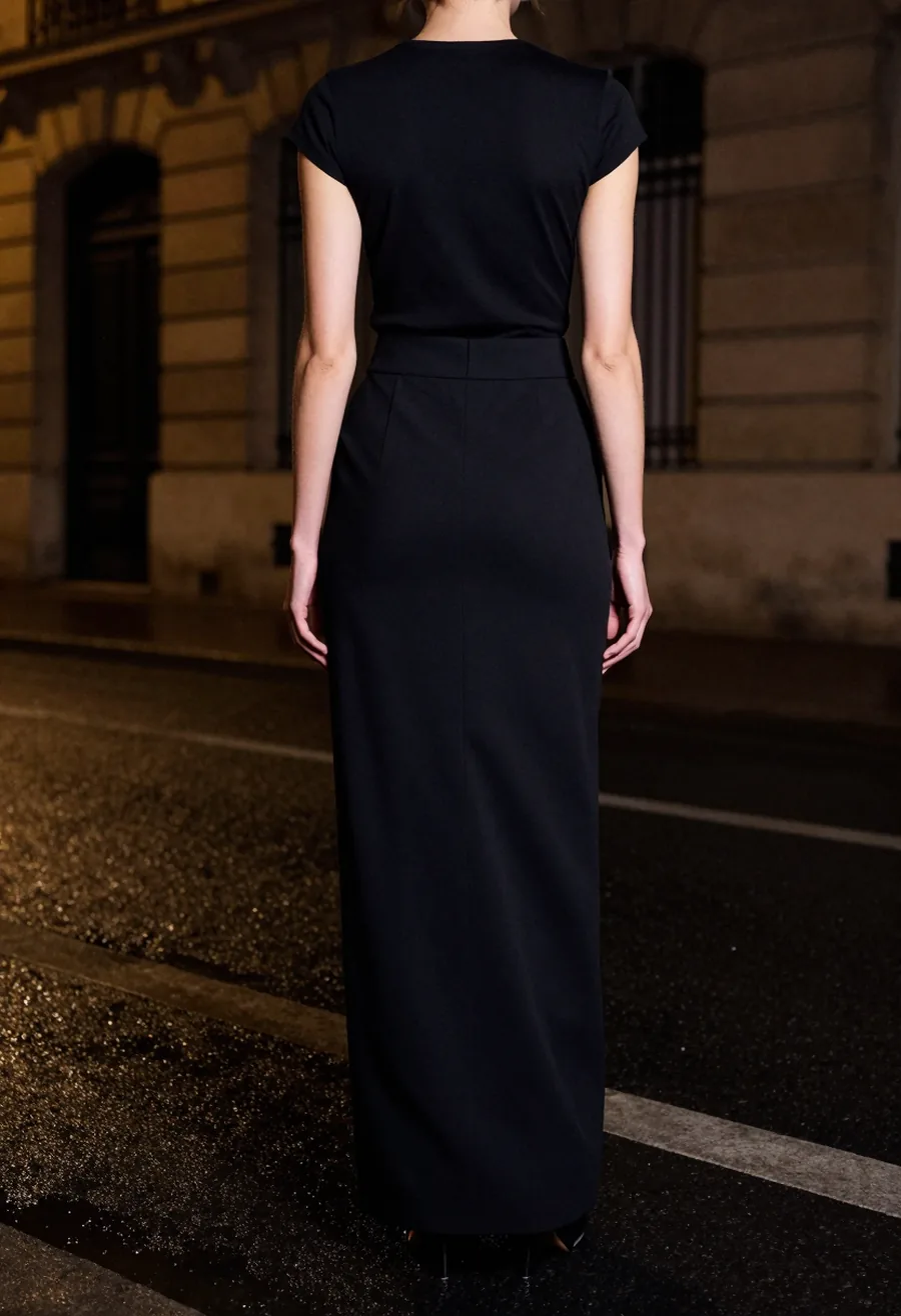 A model seen from behind, wearing a black floor-length high-waisted column skirt, on a wet Paris street at night.