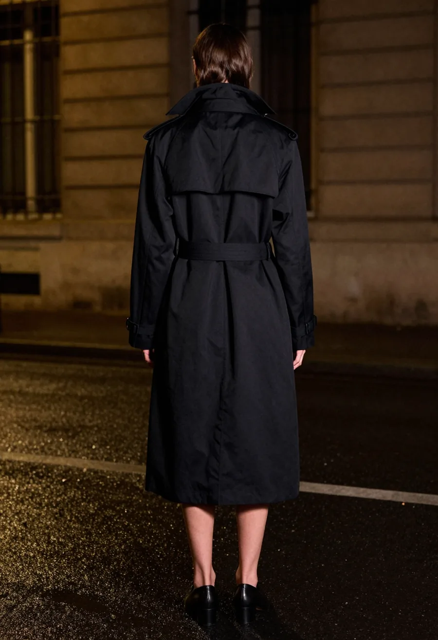 A model seen from behind, wearing a floor-brushing black trench coat with a structured point shoulder, worn open, on a wet Paris street at night.