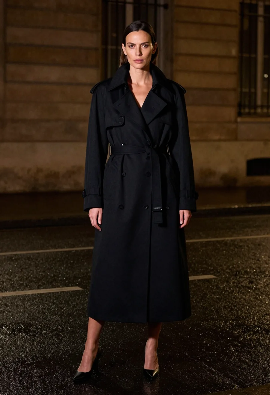 A model facing the camera, wearing a floor-brushing black trench coat with a structured point shoulder, worn open, on a wet Paris street at night.