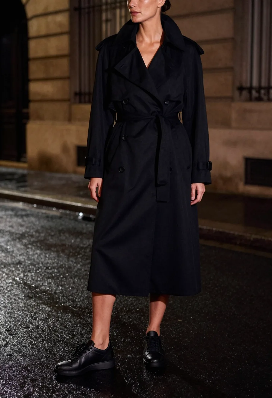 A full-scene editorial shot of a model styled in a floor-brushing black trench coat with a structured point shoulder, worn open.