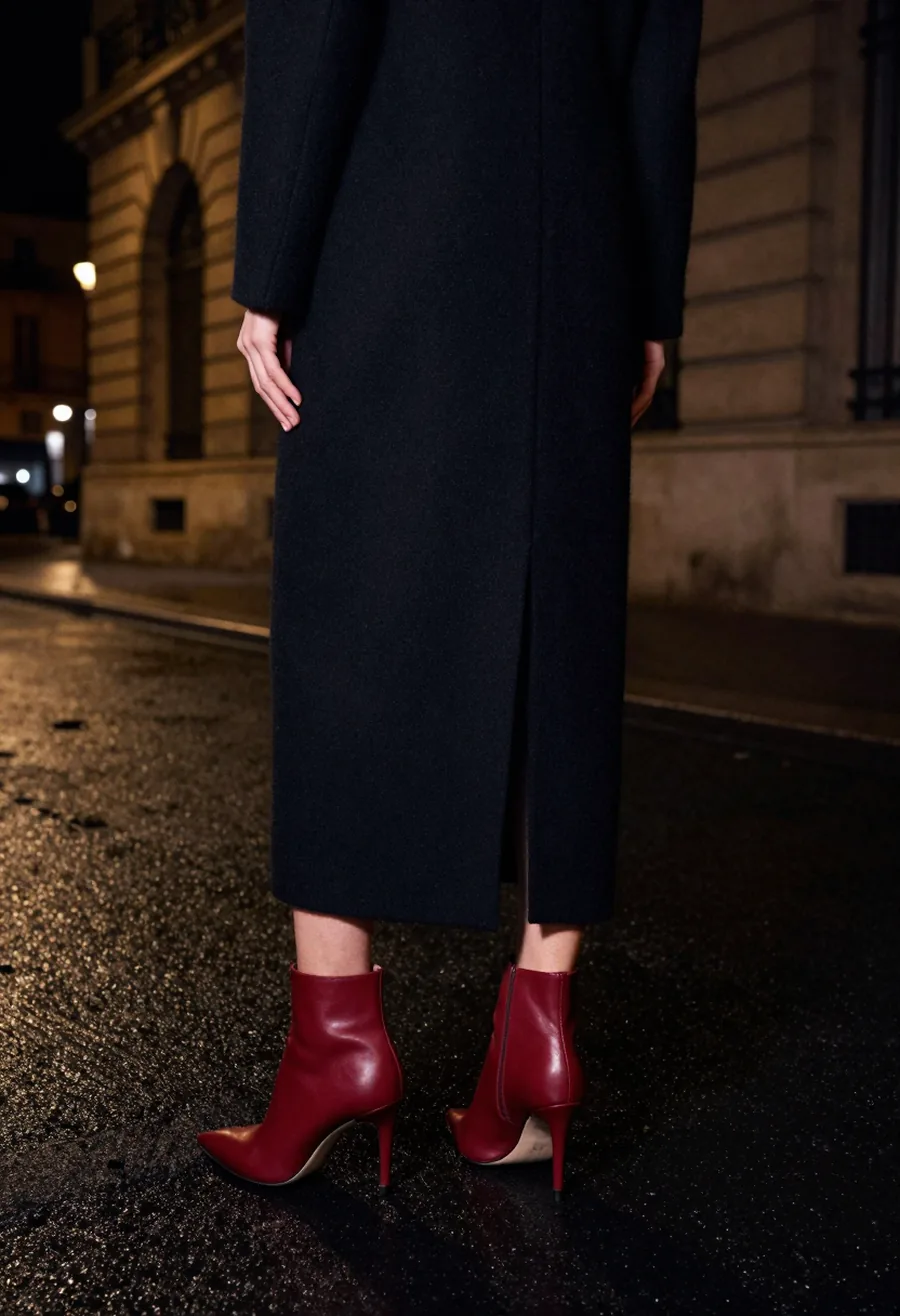 A profile view of the Oxblood Ankle Boot on wet asphalt at night.