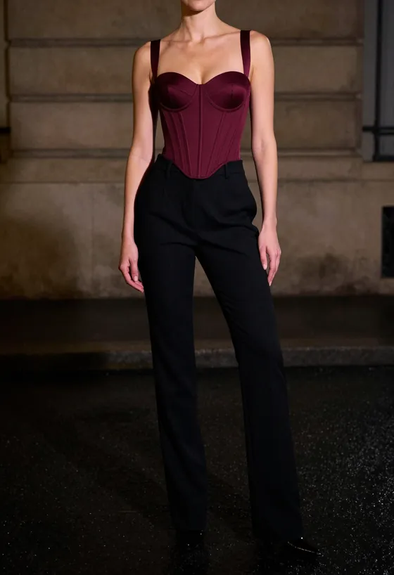 Oxblood Corset Top — Boned, structured, worn out, photographed at night.
