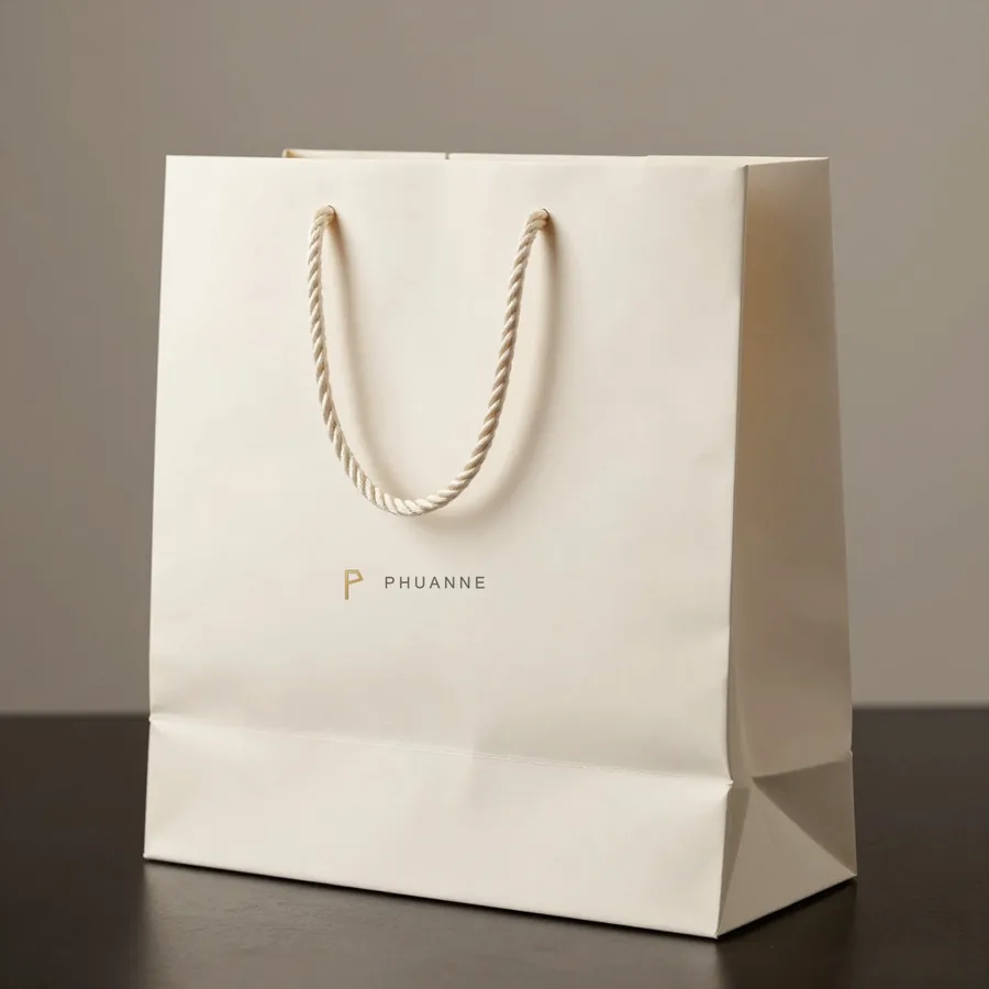 A single luxury paper shopping bag in bone white uncoated paper with cotton rope handles, unbranded, standing on a dark reflective surface.