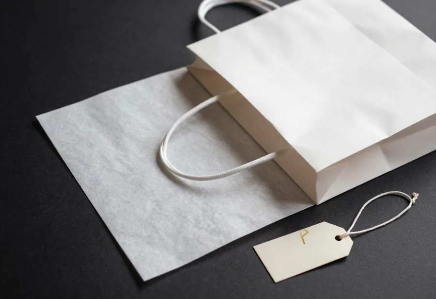 An overhead flat lay of a bone white paper shopping bag, folded bone tissue paper and a blank ivory gift tag, unbranded.
