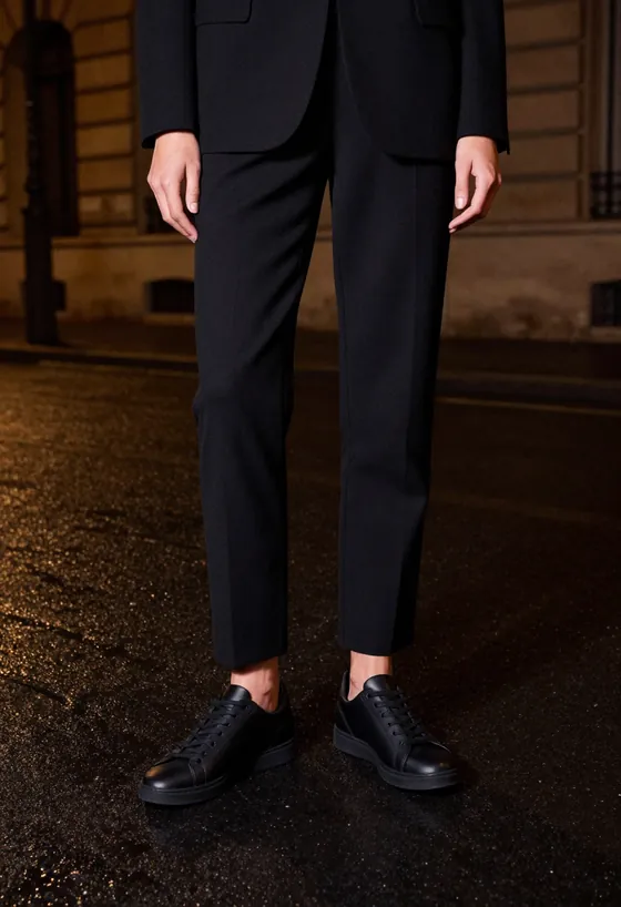A model facing the camera, wearing a low sculptural matte black leather sneaker, on a wet Paris street at night.