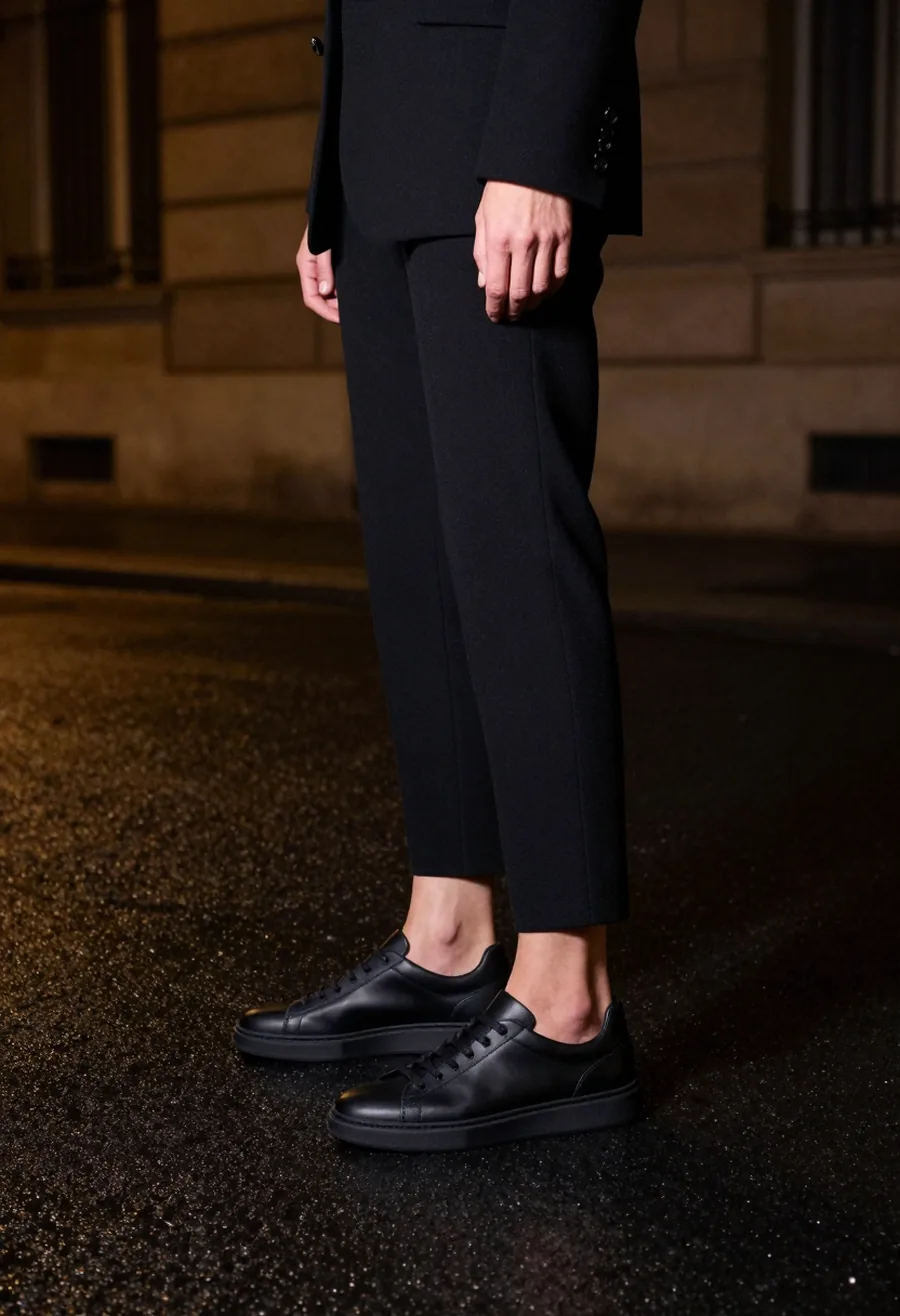 A model in profile, wearing a low sculptural matte black leather sneaker, on a wet Paris street at night.
