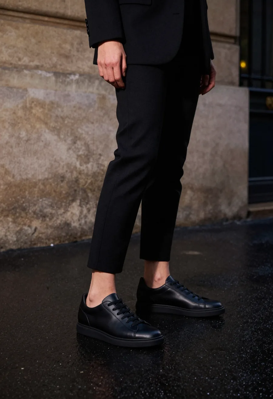 A full-scene editorial shot of a model styled in a low sculptural matte black leather sneaker.