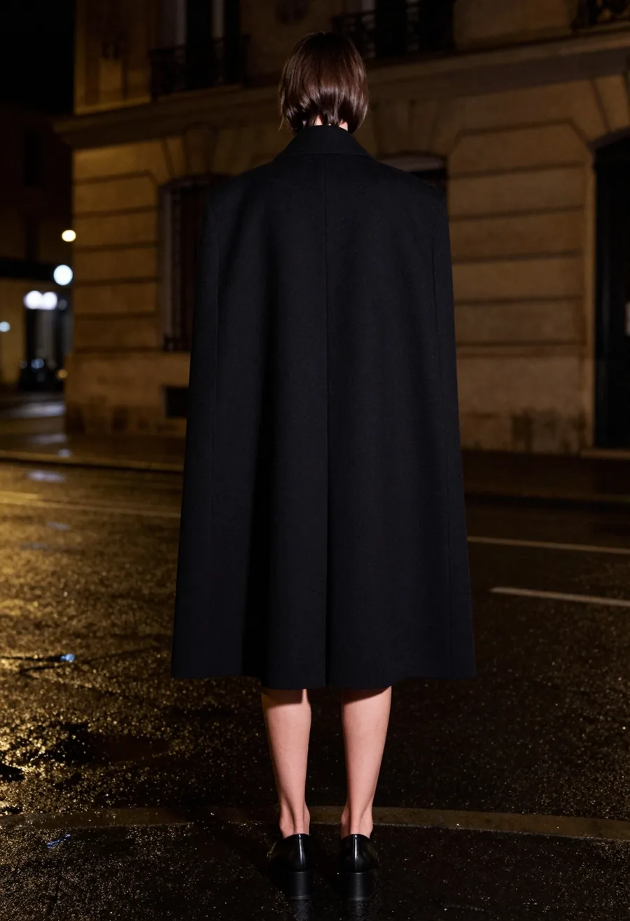 A model seen from behind, wearing a black structured cape-jacket hybrid with a sculptural shoulder, on a wet Paris street at night.