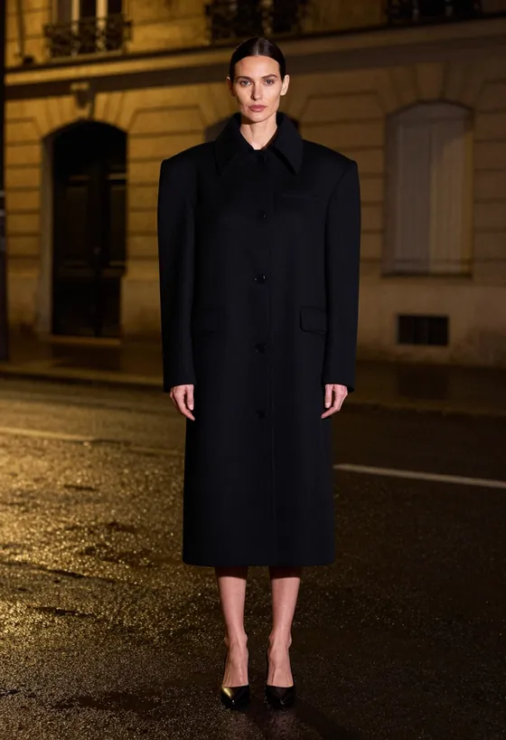 A model facing the camera, wearing a black structured cape-jacket hybrid with a sculptural shoulder, on a wet Paris street at night.