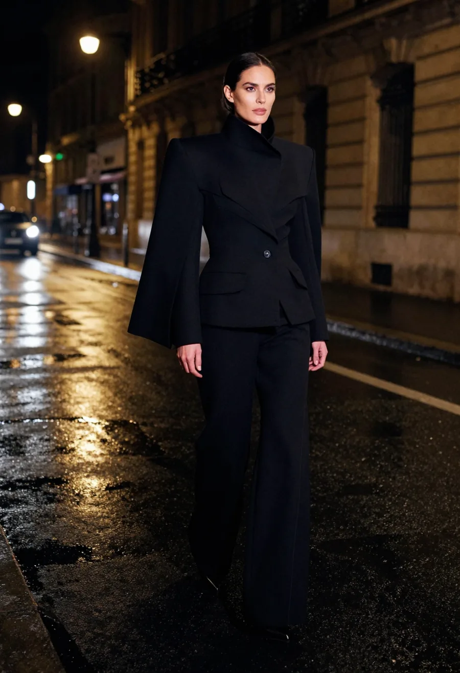A full-scene editorial shot of a model styled in a black structured cape-jacket hybrid with a sculptural shoulder.