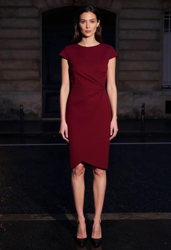 A model facing the camera, wearing an oxblood asymmetric wrap dress in cocktail length, on a wet Paris street at night.
