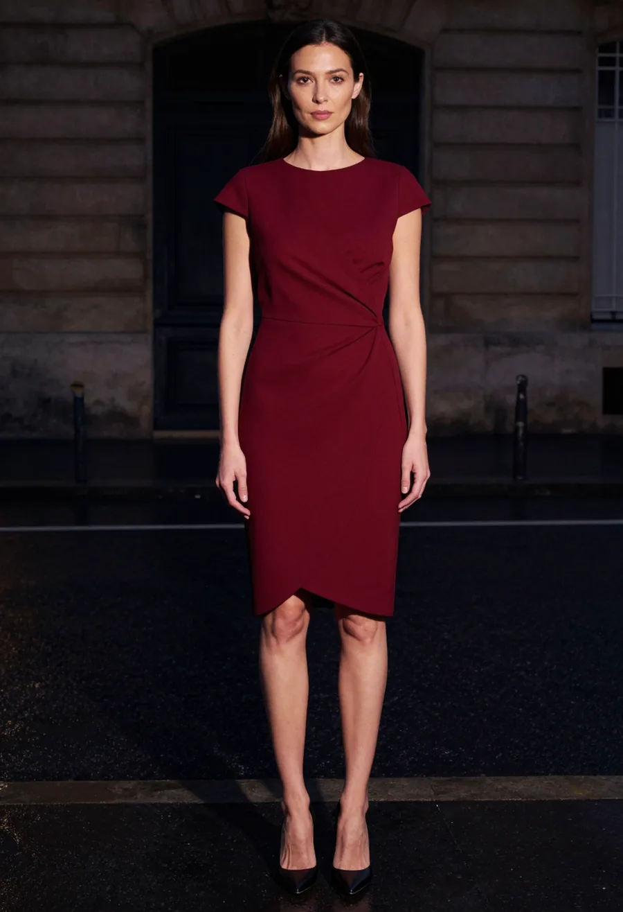 A model facing the camera, wearing an oxblood asymmetric wrap dress in cocktail length, on a wet Paris street at night.